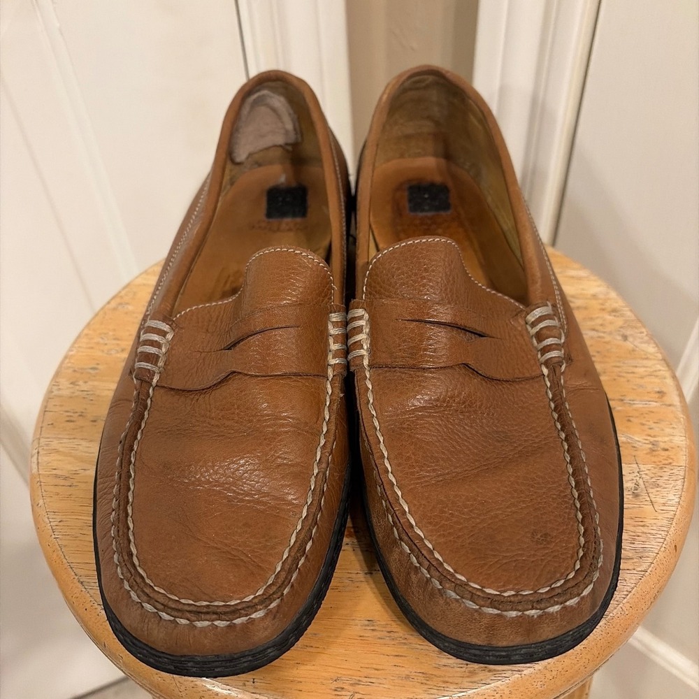 Peter Millar Mens Tan Pebbled Leather Penny Loafers Driving Shoes Slip On